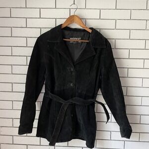 Highway Black Suede Leather Belted Jacket Coat Womens‎ Large
